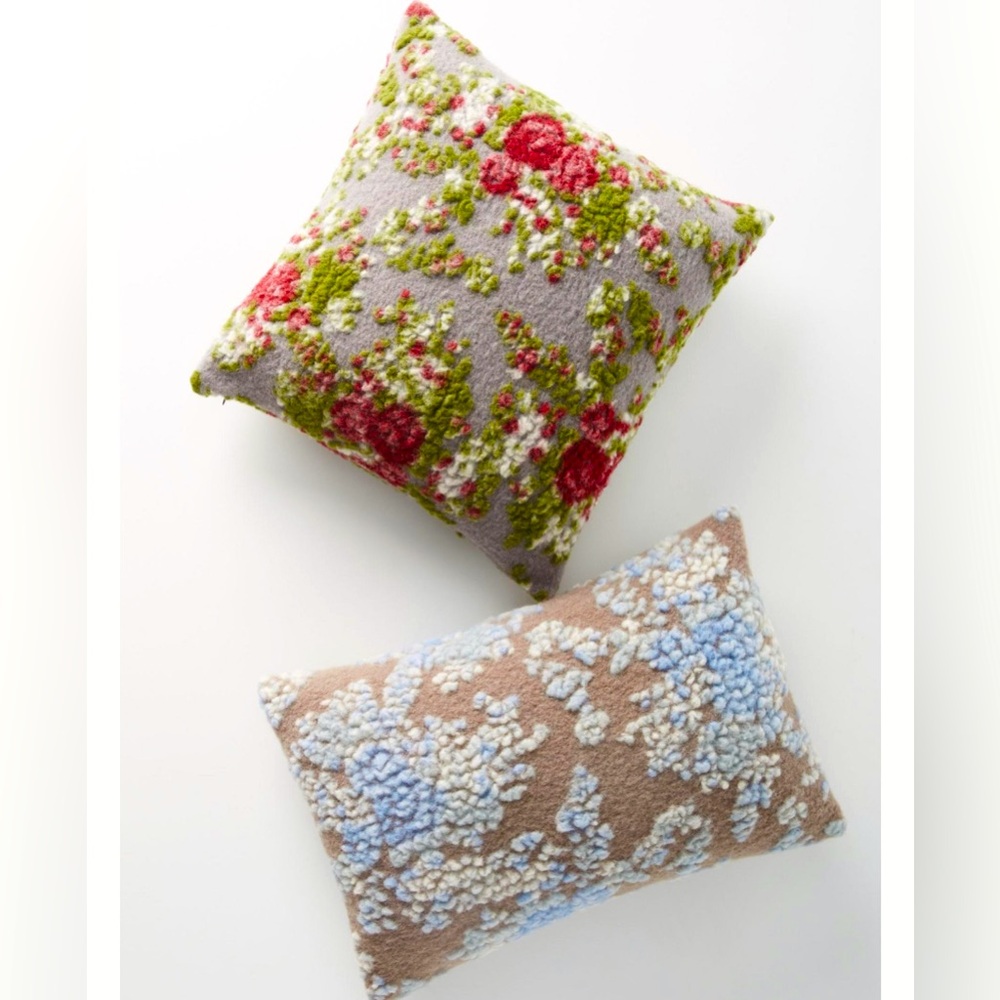 2 ANTHROPOLOGY Buongiorno Wool Pillows Floral 18”x 18” Pink 14”x 20” Blue